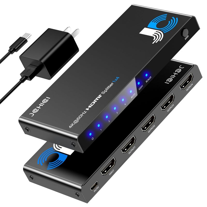 JCHICI موزع HDMI 4K 1x4 لجهاز PS5/Xbox/Apple TV - HDMI 2.0 4K@60Hz HDR10 ورؤية دولبي، 1 مدخل 4 مخارج مع أوضاع EDID (تلقائي/نسخ/تقليل الحجم)، HDCP 2.2، 18Gbps لمسرح منزلي/إعداد متعدد الشاشات - Image 1